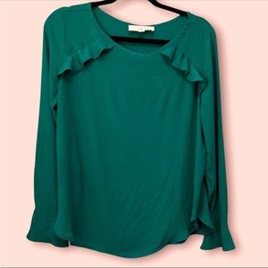 Sz M Loft Forest Green Ruffle Shoulder Long Sleeve Blouse